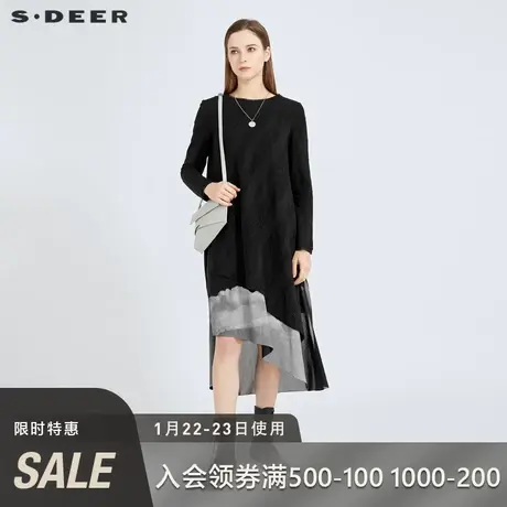 sdeer圣迪奥圆领肌理网纱印花吊带两件套毛呢黑色连衣裙S20481231🛠商品大图