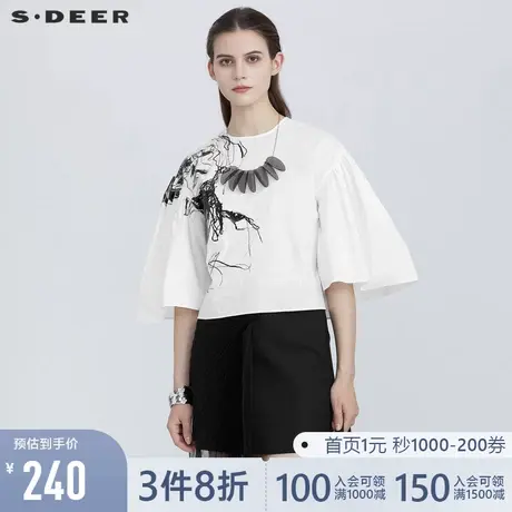 sdeer圣迪奥女夏装休闲圆领人像印花五分袖衬衫S21280425💹商品大图