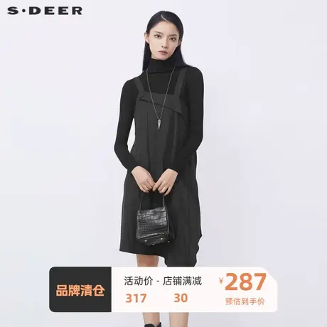 sdeer圣迪奥女装冬季高领肌理黑色针织两件长袖连衣裙S21481201商品大图