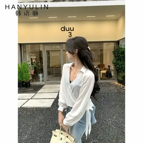 韩语琳 6/18 韩系慵懒风白色衬衫女夏季新款绑带设计感宽松上衣商品大图