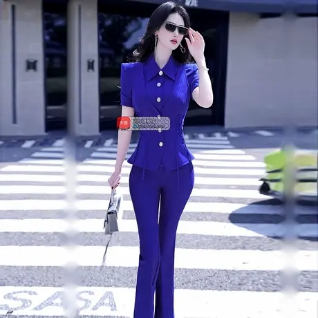 VJE夏季电光蓝OL职业假两件修身收腰衬衫女2025新款干练短袖上衣图片