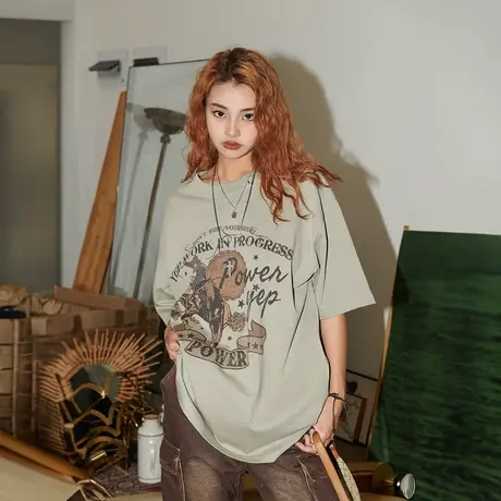 YEP美式复古短袖t恤女2025新款夏季ins潮牌半袖宽松oversize上衣图片