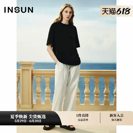 INSUN恩裳夏装纯棉宽松黑色短袖T恤图片