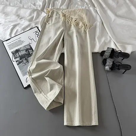 韩系编织屁帘设计感高腰牛仔裤女2025春装新款显瘦宽松直筒拖地裤商品大图