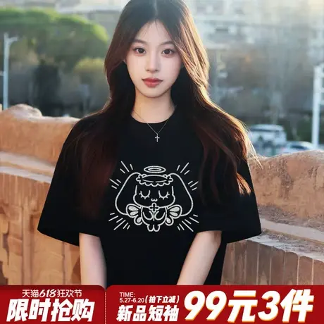 可爱风设计感卡通印花百搭黑色短袖t恤女宽松显瘦小个子半袖上衣商品大图