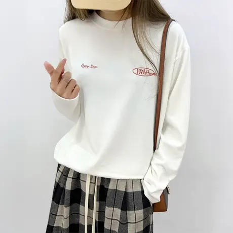 vintage复古白色内搭秋冬纯棉打底衫ins大码加绒慵懒风长袖T恤女商品大图