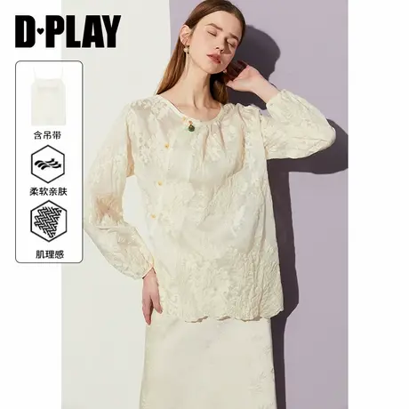 DPLAY夏新中式斜口提花圆领衬衣国风蕾丝衬衫宽松休闲上衣图片