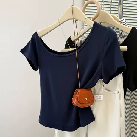 韩系chic甜辣斜肩露肩短袖T恤女夏季修身韩版短款小个子半袖上衣商品大图