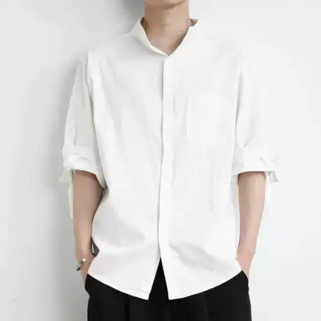 夏季亚麻中国风衬衫男短袖立领纯棉中袖寸衫男士棉麻七分袖白衬衣商品大图