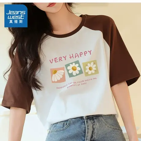 YD真维斯女装2025夏季新款 潮牌时尚撞色百搭插肩袖纯棉短袖T恤商品大图