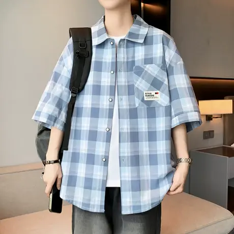 纯棉格子衬衫夏季薄款短袖衬衣外套男款高级感痞帅学生五分袖寸衫商品大图