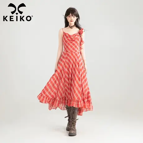 KEIKO 气质红白格子不规则吊带连衣裙夏季轻盈垂感显瘦雪纺长裙子商品大图