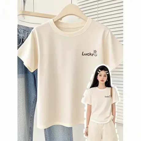 NOB真维斯青少年纯棉短袖女t恤2025新款夏季正肩半袖宽松短款上衣商品大图