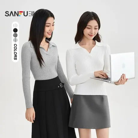 三福打底毛衫2025秋季设计感Polo领修身毛针织上衣女装502503商品大图