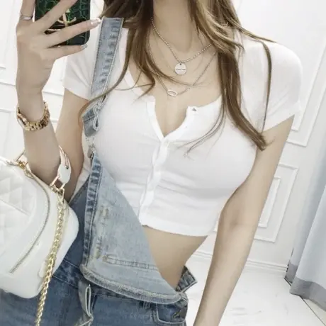 现货韩国新品夏季百搭高腰肚脐短款短袖t恤修身薄款ins网红上衣女图片