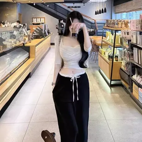 现货~韩国东大门系带腰部木耳边撞色设计显瘦高腰直筒休闲裤商品大图