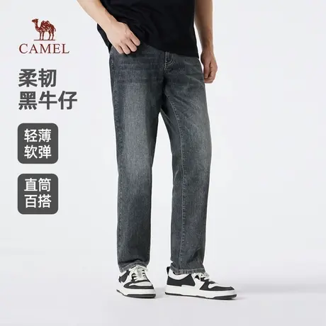 骆驼男装黑色牛仔裤男2025新款夏季薄款宽松棉感弹力休闲直筒长裤图片