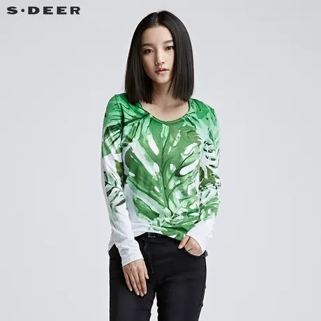 sdeer圣迪奥女17冬装鲜艳印象主义植物印花打底长袖T恤S16480257图片