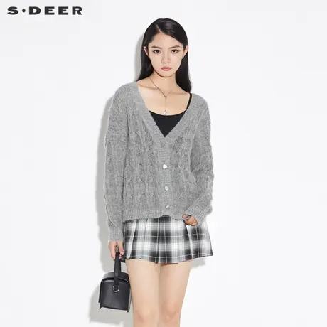 sdeer圣迪奥秋季休闲罗纹V领钩花开衫针织衫女S21363530图片