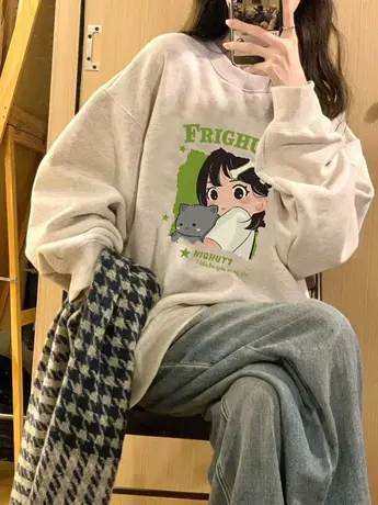 美式复古圆领卫衣女2024春秋薄款小众设计感无帽宽松慵懒风上衣潮图片