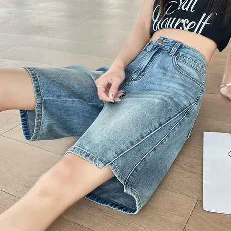 高腰直筒牛仔短裤女夏季薄款宽松显瘦a字拼接小个子阔腿五分中裤商品大图