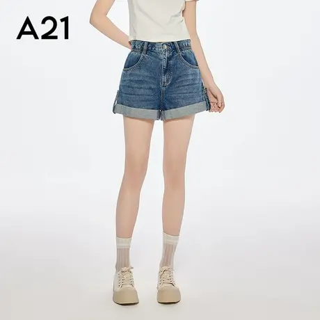 A21女装浅蓝水洗翻边牛仔裤短裤女夏季新款宽松简约显瘦直筒裤商品大图