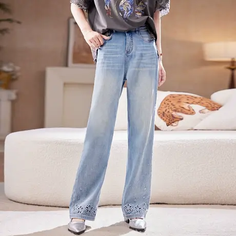 宝诗黎烫钻刺绣拼接牛仔裤2025夏季宽松直筒百搭阔腿大码休闲裤女商品大图