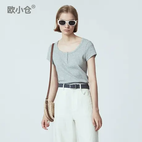欧小仓 新疆长绒棉亨利领短袖正肩T恤 不漏腰短款U型领体恤图片