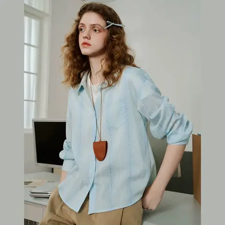 a02设计感蕾丝拼接镂空条纹开衫2025春季休闲撞色女式衬衫商品大图