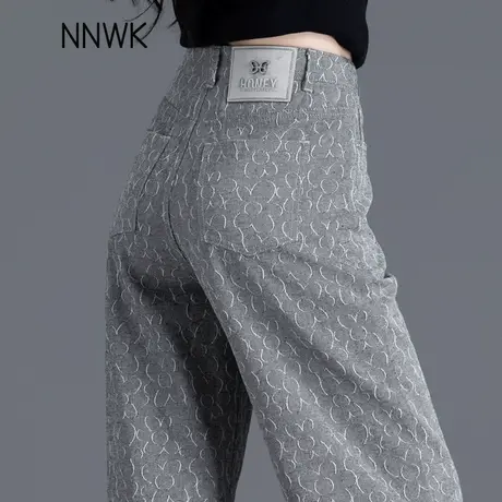 今年流行的灰黑色牛仔裤女2025新款花朵提花裤子阔腿裤宽松直筒裤商品大图