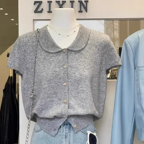 冰丝针织polo衫翻领短袖t恤女夏季韩系设计感小众飞飞袖正肩上衣图片