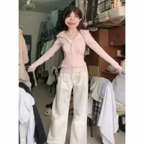 粉色少女感连帽开衫长袖卫衣女春秋季薄款修身百搭短款小个子上衣图片