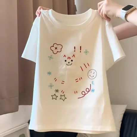 童趣风重工刺绣短袖T恤女夏季韩版修身显瘦短款小个子正肩上衣潮图片