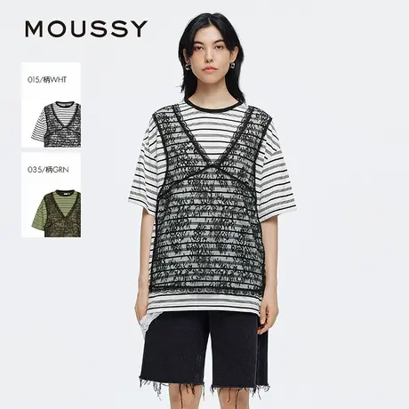 MOUSSY 2025夏季新品复古风蕾丝假两件条纹短袖T恤028ISA90-0004图片