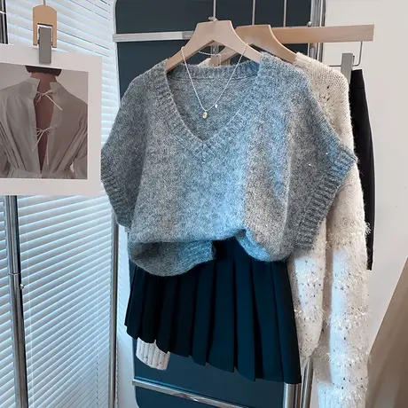 亮片v领针织衫女亮丝蝙蝠衫2025春秋新款宽松外穿上衣短袖t恤衫潮商品大图