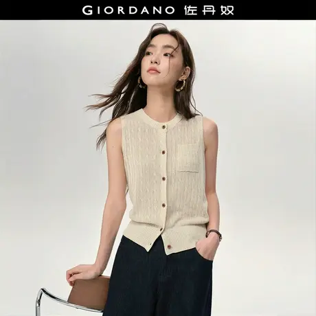 设计师款佐丹奴针织背心女绞花单口袋圆领无袖针织开衫女18355919商品大图