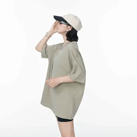 美式复古纯色圆领短袖T恤女夏季新款宽松纯棉休闲情侣下衣失踪装图片