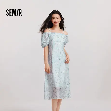 森马连衣裙女一字肩方领吊带修身长裙温柔夏浪漫肌理碎花裙小清新图片