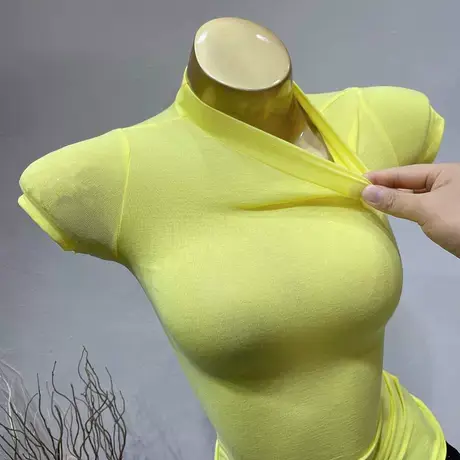 巨显白~韩版ins紧身性感显胸大短袖Ｔ恤女薄款半高圆领内搭打底衫商品大图