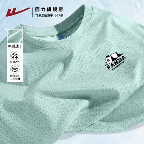 回力短袖t恤男夏季水绿色新中式冰丝网眼运动五分袖男士速干半袖H商品大图