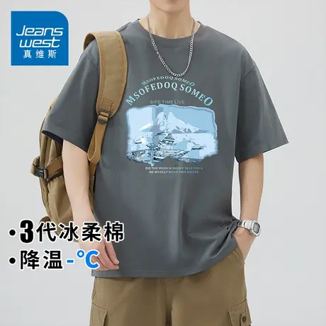 KZH真维斯深灰短袖T恤男夏季新款宽松打底衫重磅雪山印花休闲上衣商品大图