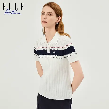 ELLE Active气质波纹短袖针织衫女2025春夏新款翻领休闲polo上衣图片