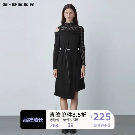 sdeer圣迪奥女装圆领蕾丝网纱收腰条纹连衣裙S221Z1274商品大图