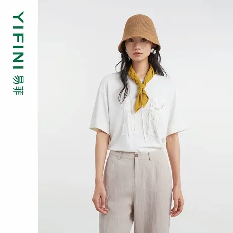 [专柜同款]Yifini/易菲盒纸纱文艺印花剪花贴布宽松短款T恤女上衣图片