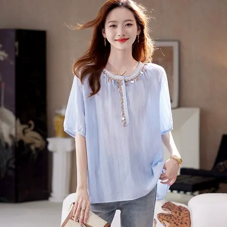 宝诗黎波西米亚风条纹衬衫女2025夏季洋气宽松休闲短袖雪纺衬衣商品大图