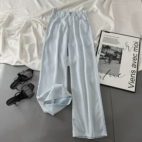 韩版菱格提花高腰牛仔裤2025夏季女装新款时尚潮流宽松直筒裤长裤商品大图