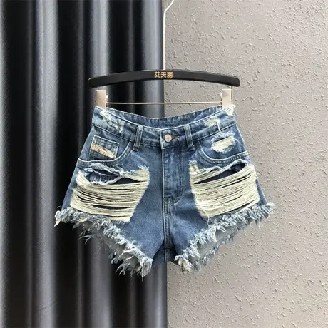 欧货休闲阔腿热裤女夏2025新款蓝色个性破洞设计宽松百搭牛仔短裤图片