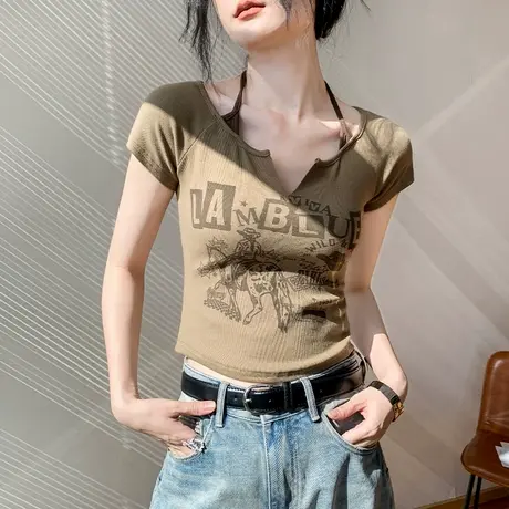 美式挂脖V领短袖T恤女2025春夏新款修身印花外穿小众别致内搭上衣图片
