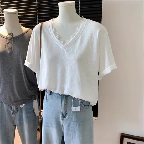 韩系高级感V领蕾丝花边短袖T恤女夏季宽松韩版拼接设计感小众上衣图片