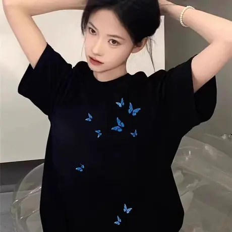 oversize超火减龄黑色短袖t恤女宽松慵懒风大码胖mm上衣体恤ins潮商品大图